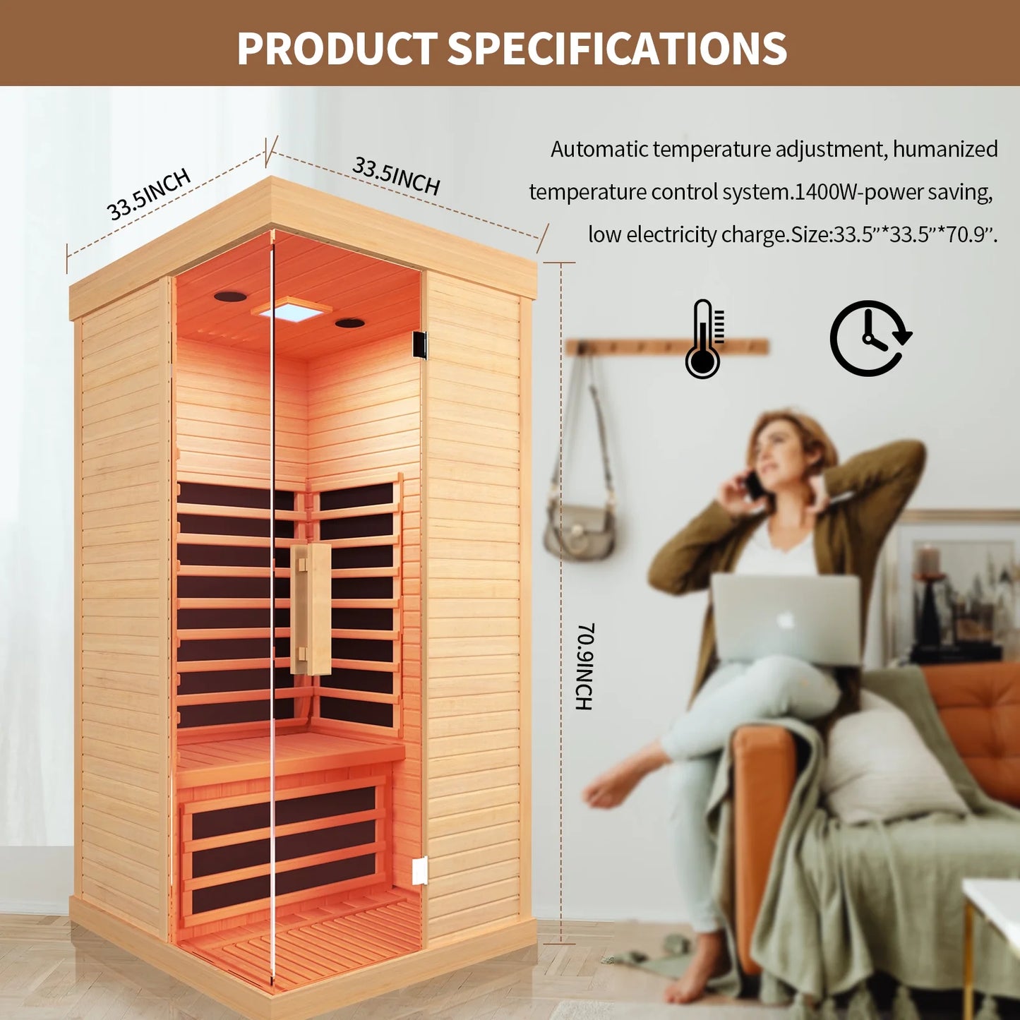 Home Sauna Infrared Saunas Home Spa Room Canadian Hemlock 1400W Low-Emf Dry Saunas Spa with 7 Chromotherapy for Indoor 1 Person