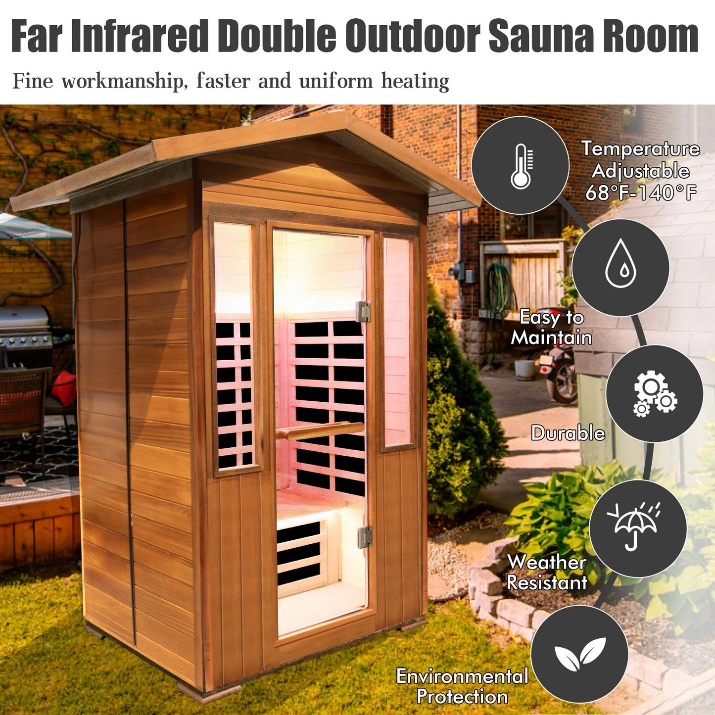 Outdoor Sauna Far Infrared Saunas Red Cedar Wooden Sauna Spa 2100W Low-Emf Dry Sauna Room for Two Person Canadian Hemlock Wood 49 * 38 * 94Inch