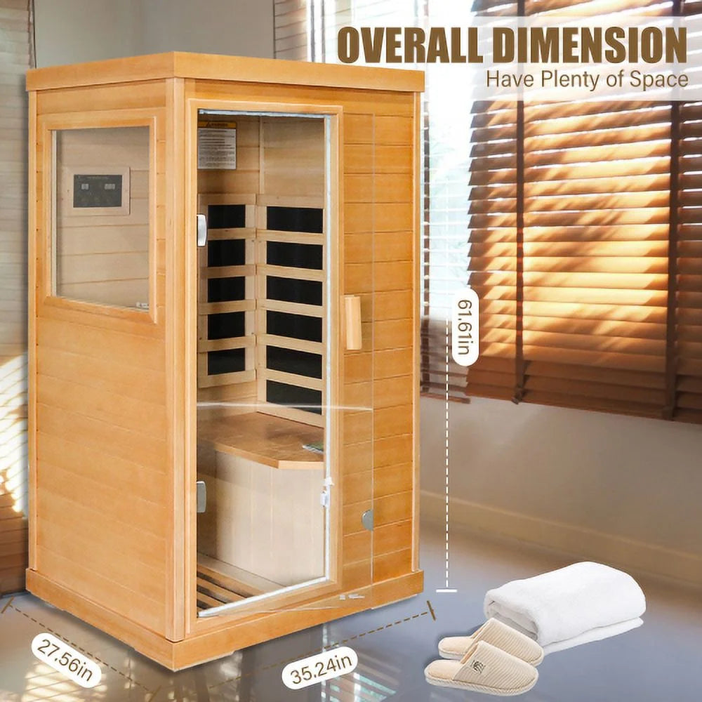 Far Infrared Wooden Sauna Room, Home Sauna Spa Room,Single,Hemlock Wood, with Bluetooth Audio Atmosphere Light, Two Speakers ,Control Panel and Tempered Glass Door ,Room:35.2*27.6*61.6In