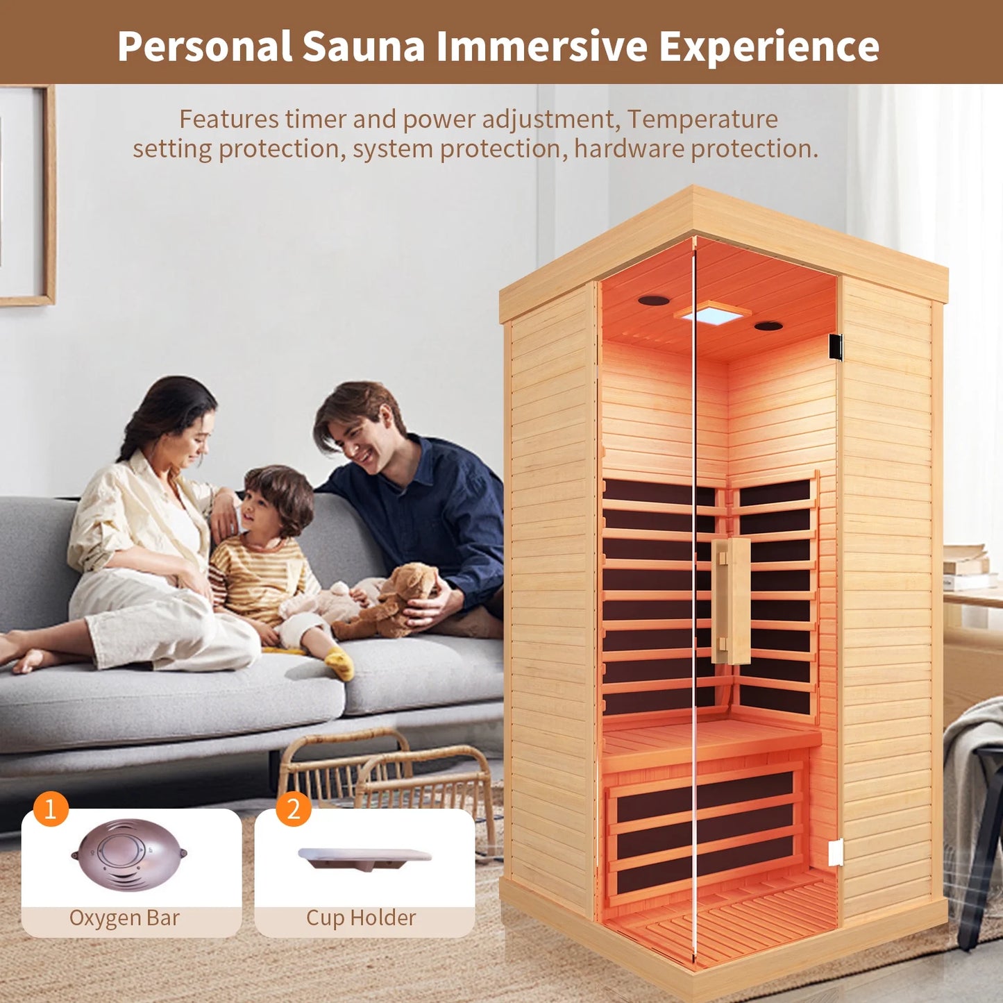 Home Sauna Infrared Saunas Home Spa Room Canadian Hemlock 1400W Low-Emf Dry Saunas Spa with 7 Chromotherapy for Indoor 1 Person