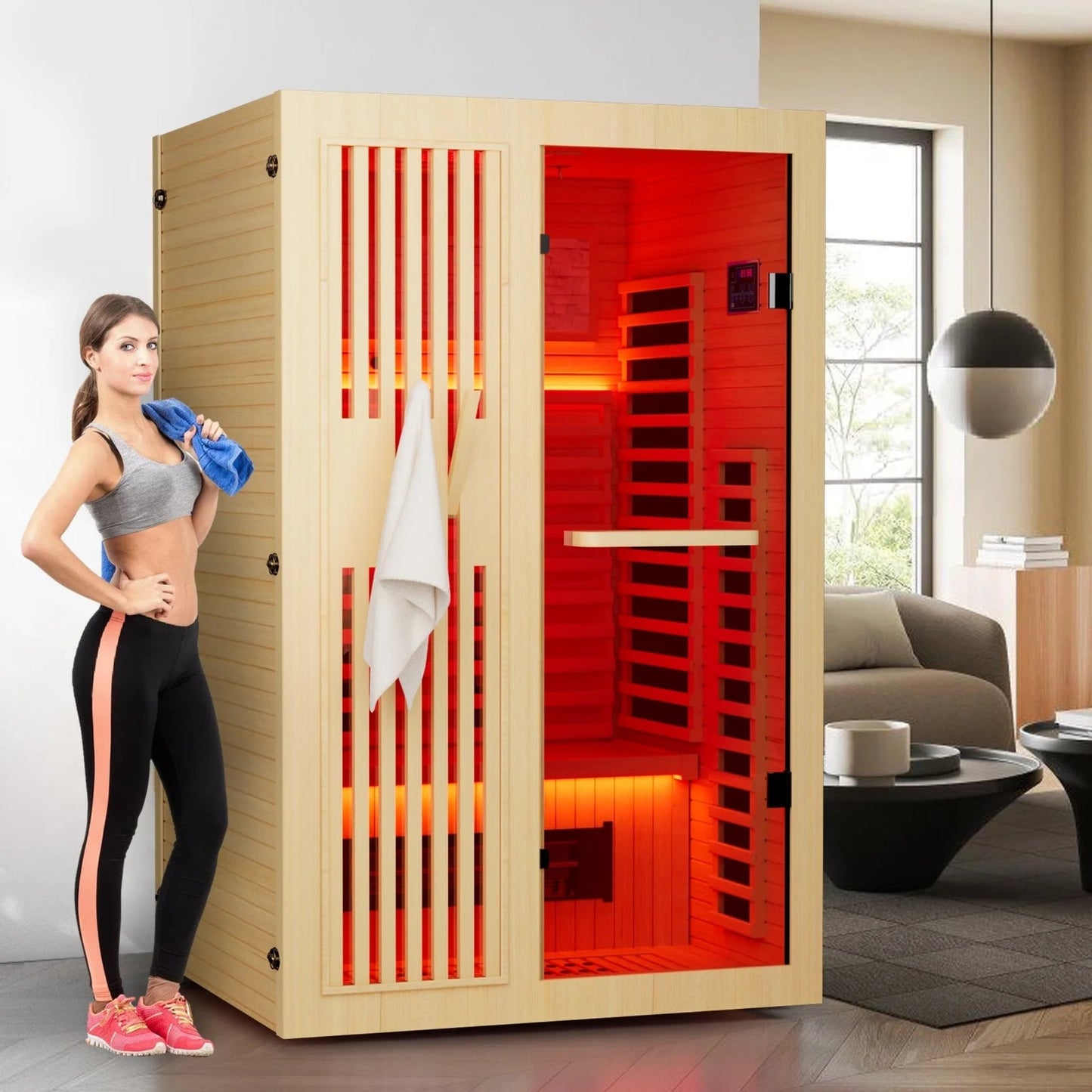 Full Spectrum Sauna for Home,1~2 Person Indoor Infrared Sauna Room with 10 Minutes Warm-Up Heate,,Canadian Hemlock Wood Home Sauna with Bluetooth. and Tempered Glass