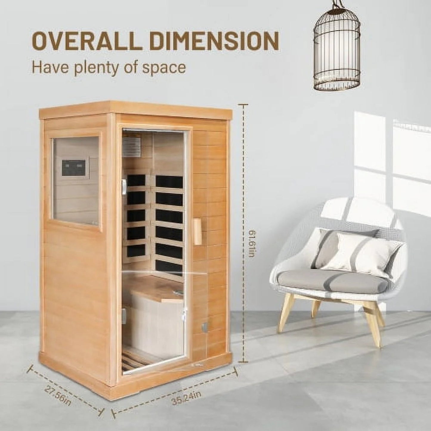 Far Infrared Wooden Sauna Room, Home Sauna Spa Room,Single,Hemlock Wood, with Bluetooth Audio Atmosphere Light, Two Speakers ,Control Panel and Tempered Glass Door ,Room:35.2*27.6*61.6In