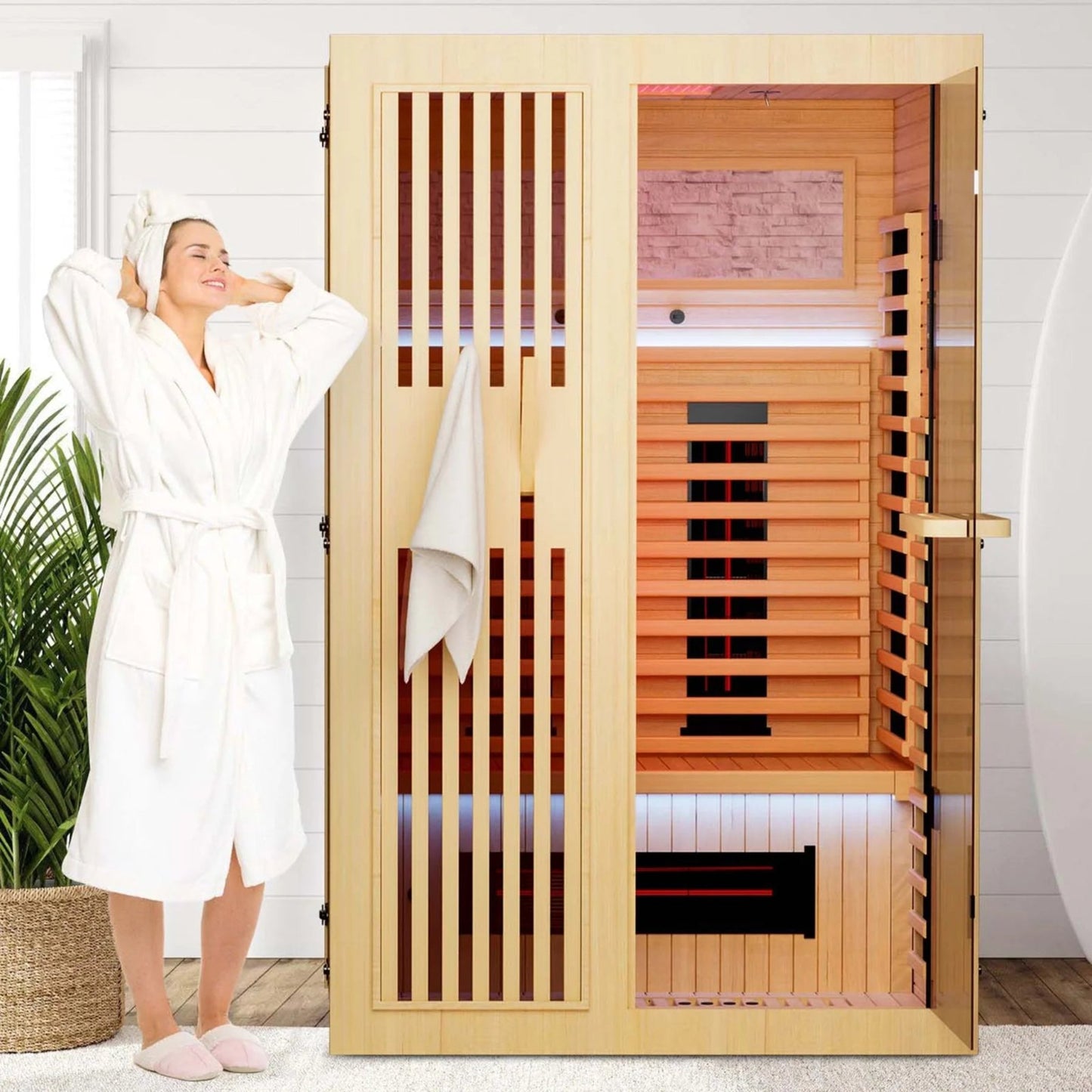 Full Spectrum Sauna for Home,1~2 Person Indoor Infrared Sauna Room with 10 Minutes Warm-Up Heate,,Canadian Hemlock Wood Home Sauna with Bluetooth. and Tempered Glass