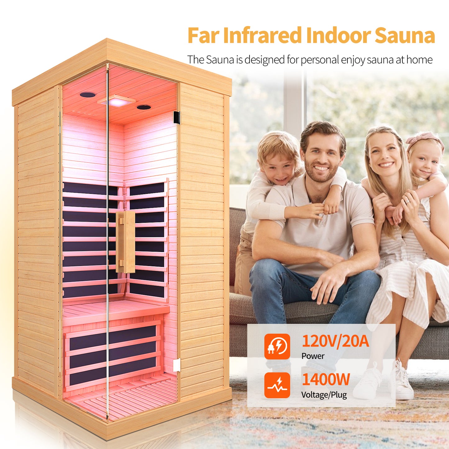 Home Sauna Infrared Saunas Home Spa Room Canadian Hemlock 1400W Low-Emf Dry Saunas Spa with 7 Chromotherapy for Indoor 1 Person