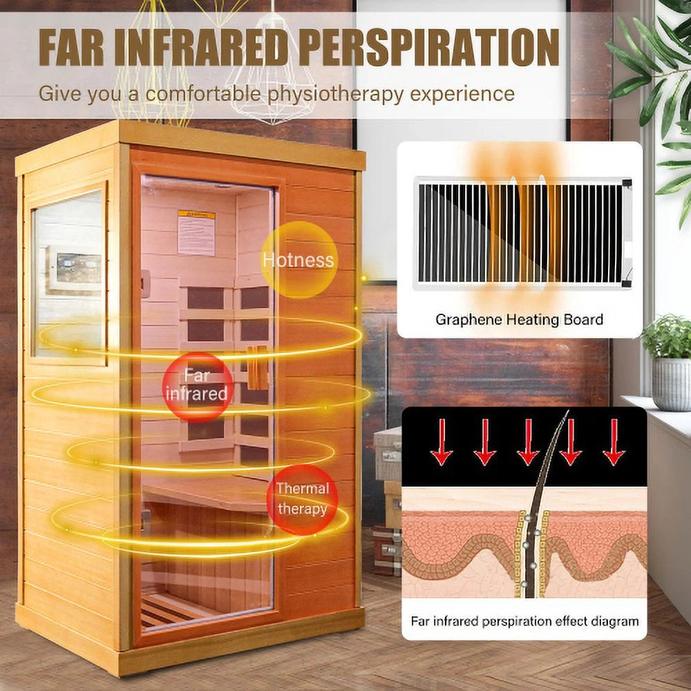 Far Infrared Wooden Sauna Room, Home Sauna Spa Room,Single,Hemlock Wood, with Bluetooth Audio Atmosphere Light, Two Speakers ,Control Panel and Tempered Glass Door ,Room:35.2*27.6*61.6In