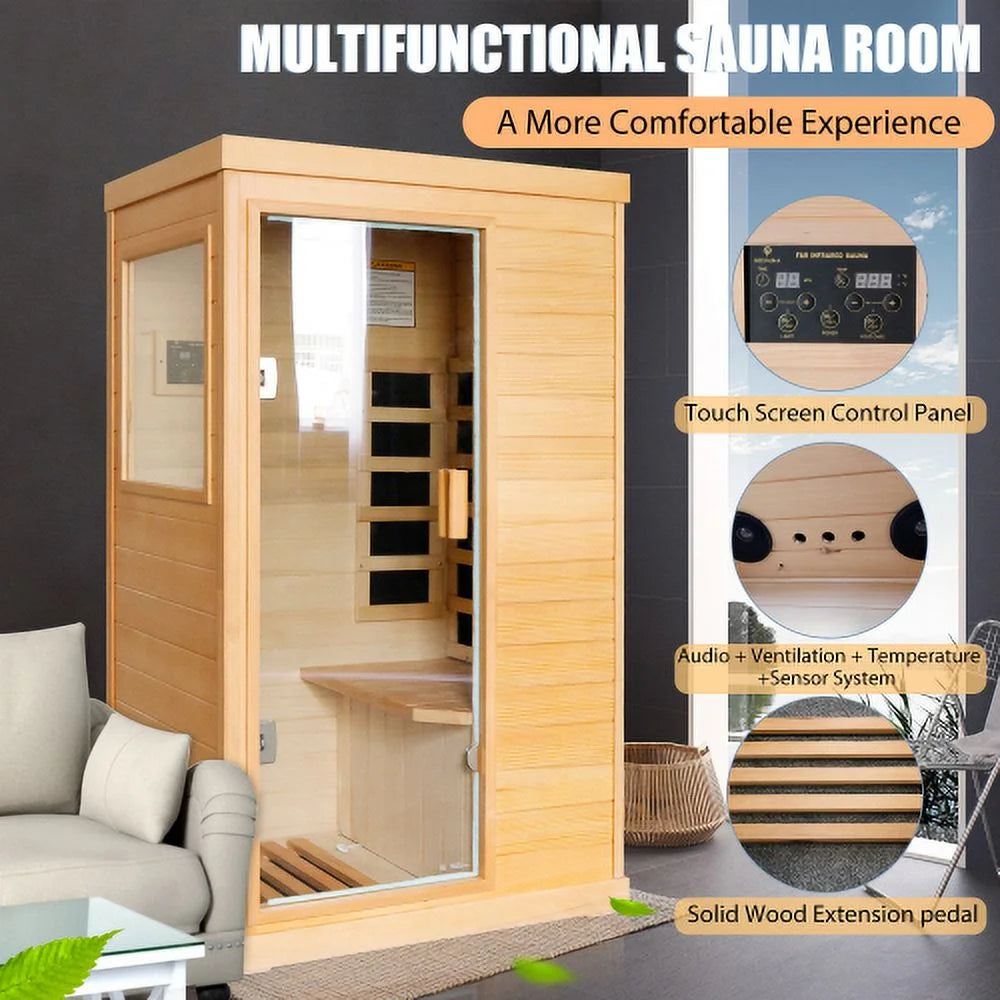 Far Infrared Wooden Sauna Room, Home Sauna Spa Room,Single,Hemlock Wood, with Bluetooth Audio Atmosphere Light, Two Speakers ,Control Panel and Tempered Glass Door ,Room:35.2*27.6*61.6In