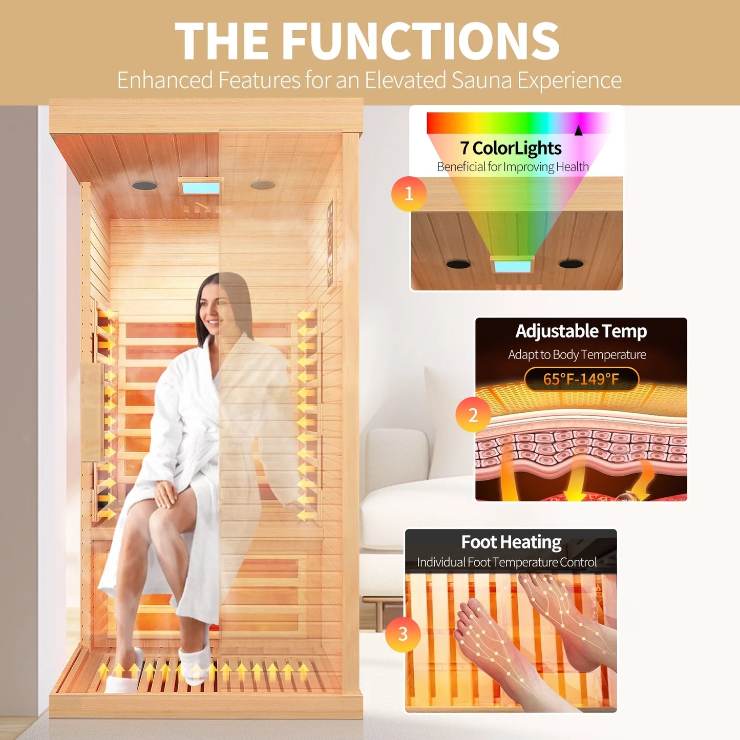 Home Sauna Infrared Saunas Home Spa Room Canadian Hemlock 1400W Low-Emf Dry Saunas Spa with 7 Chromotherapy for Indoor 1 Person