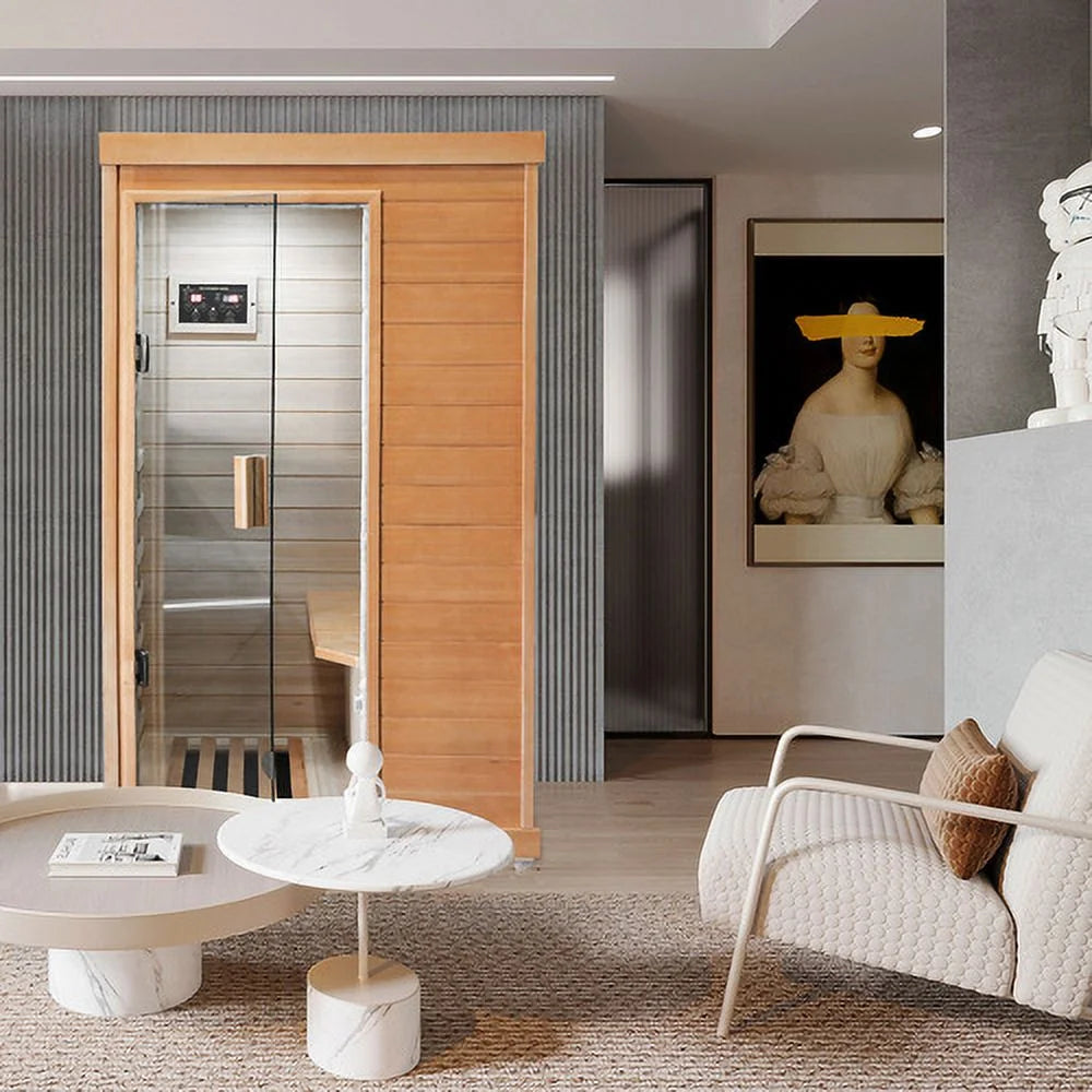 Far Infrared Wooden Sauna Room, Home Sauna Spa Room,Single,Hemlock Wood, with Bluetooth Audio Atmosphere Light, Two Speakers ,Control Panel and Tempered Glass Door ,Room:35.2*27.6*61.6In
