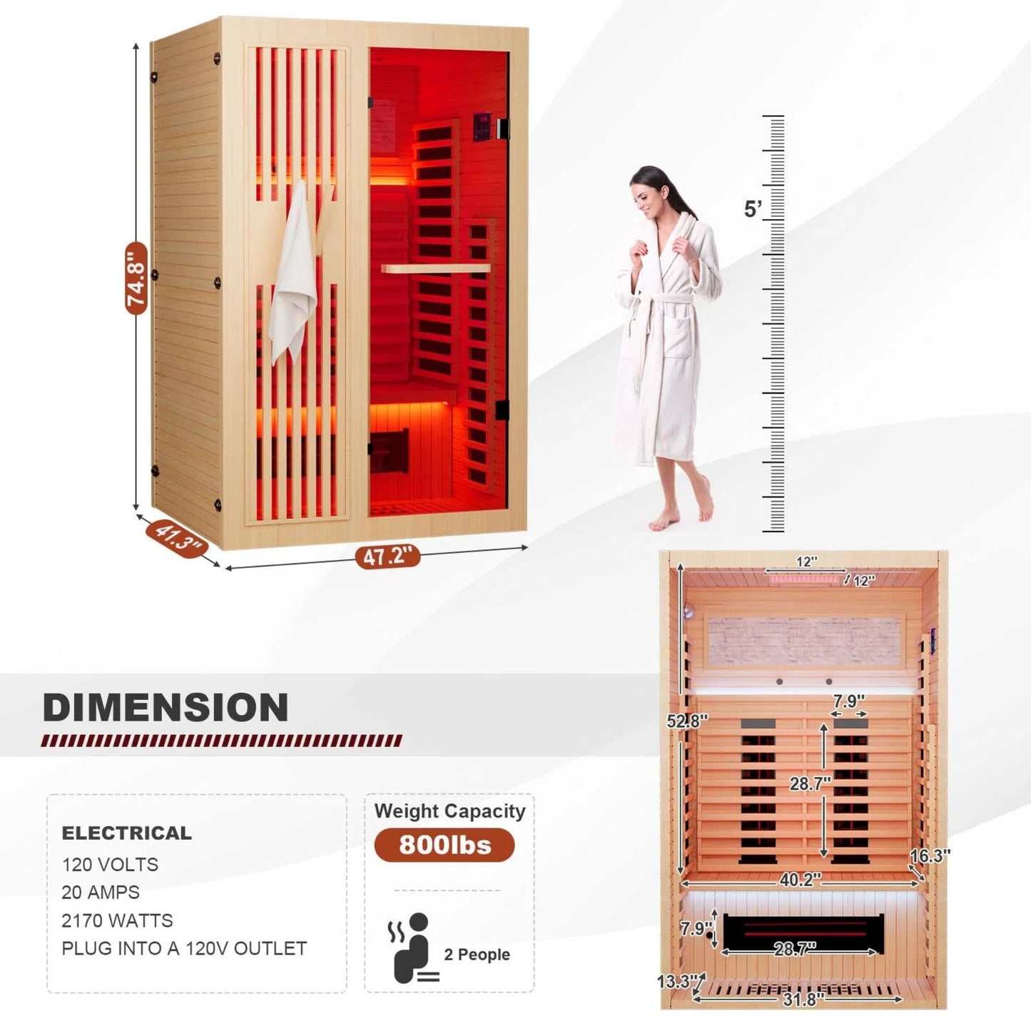 Full Spectrum Sauna for Home,1~2 Person Indoor Infrared Sauna Room with 10 Minutes Warm-Up Heate,,Canadian Hemlock Wood Home Sauna with Bluetooth. and Tempered Glass