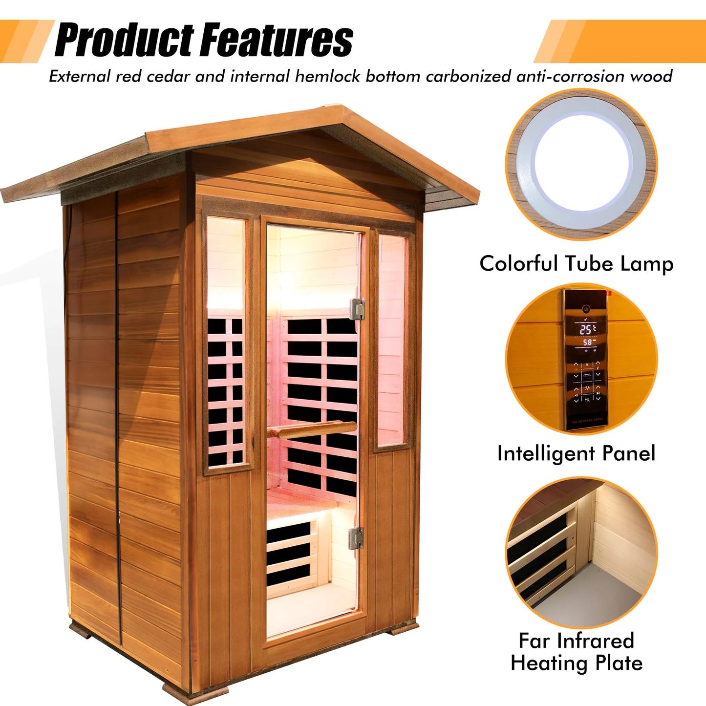 Outdoor Sauna Far Infrared Saunas Red Cedar Wooden Sauna Spa 2100W Low-Emf Dry Sauna Room for Two Person Canadian Hemlock Wood 49 * 38 * 94Inch