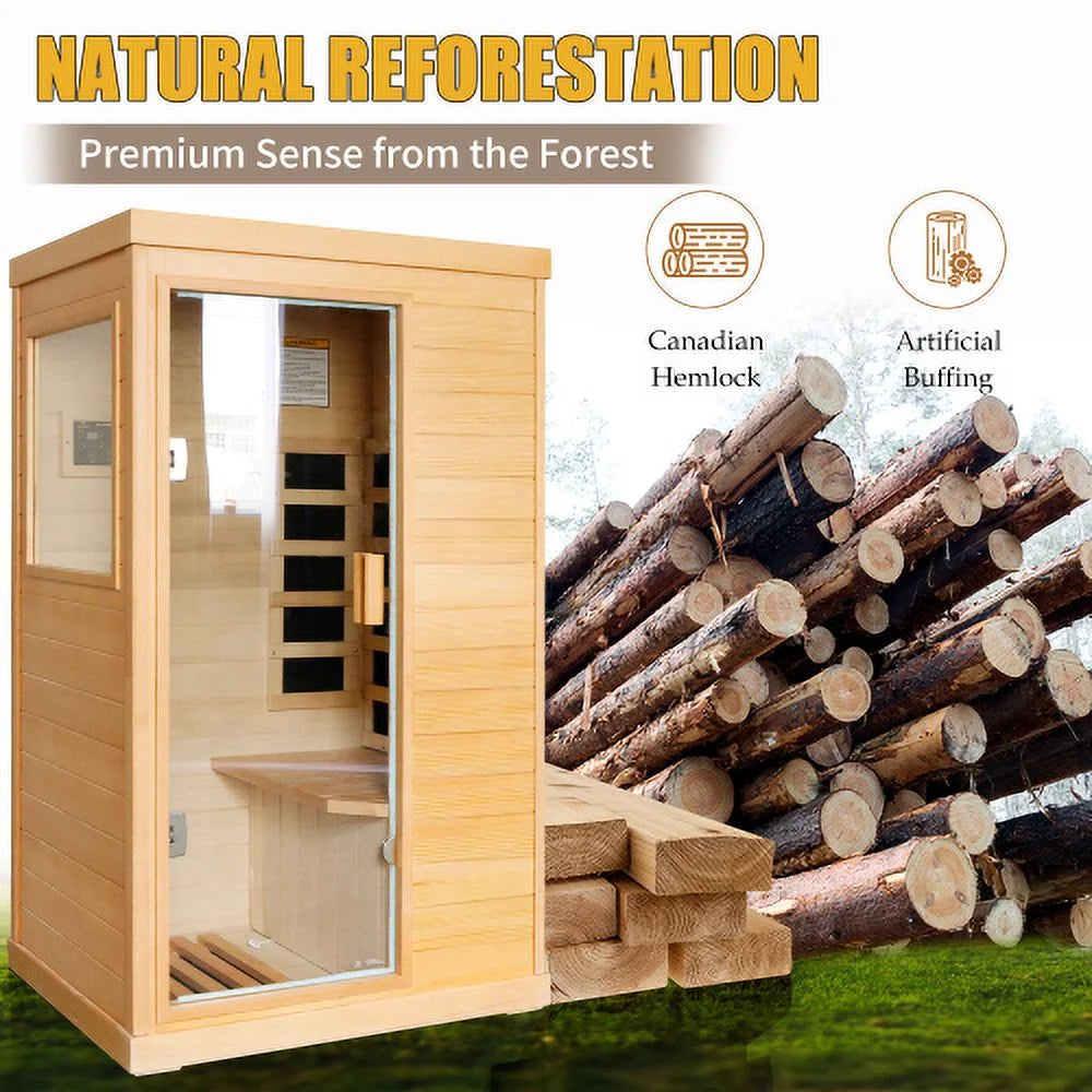 Far Infrared Wooden Sauna Room, Home Sauna Spa Room,Single,Hemlock Wood, with Bluetooth Audio Atmosphere Light, Two Speakers ,Control Panel and Tempered Glass Door ,Room:35.2*27.6*61.6In