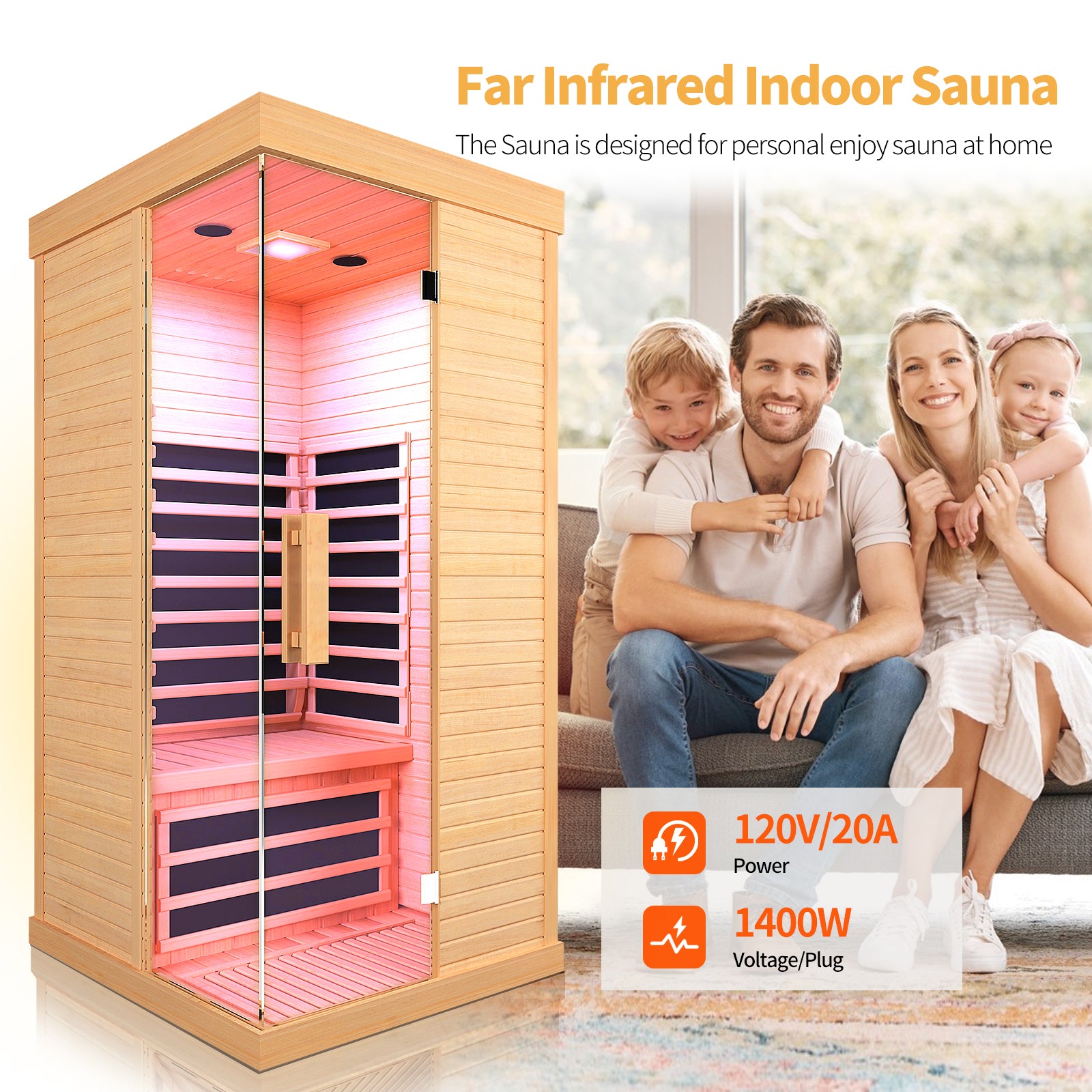 Home Sauna Infrared Saunas Home Spa Room Canadian Hemlock 1400W Low-Emf Dry Saunas Spa with 7 Chromotherapy for Indoor 1 Person