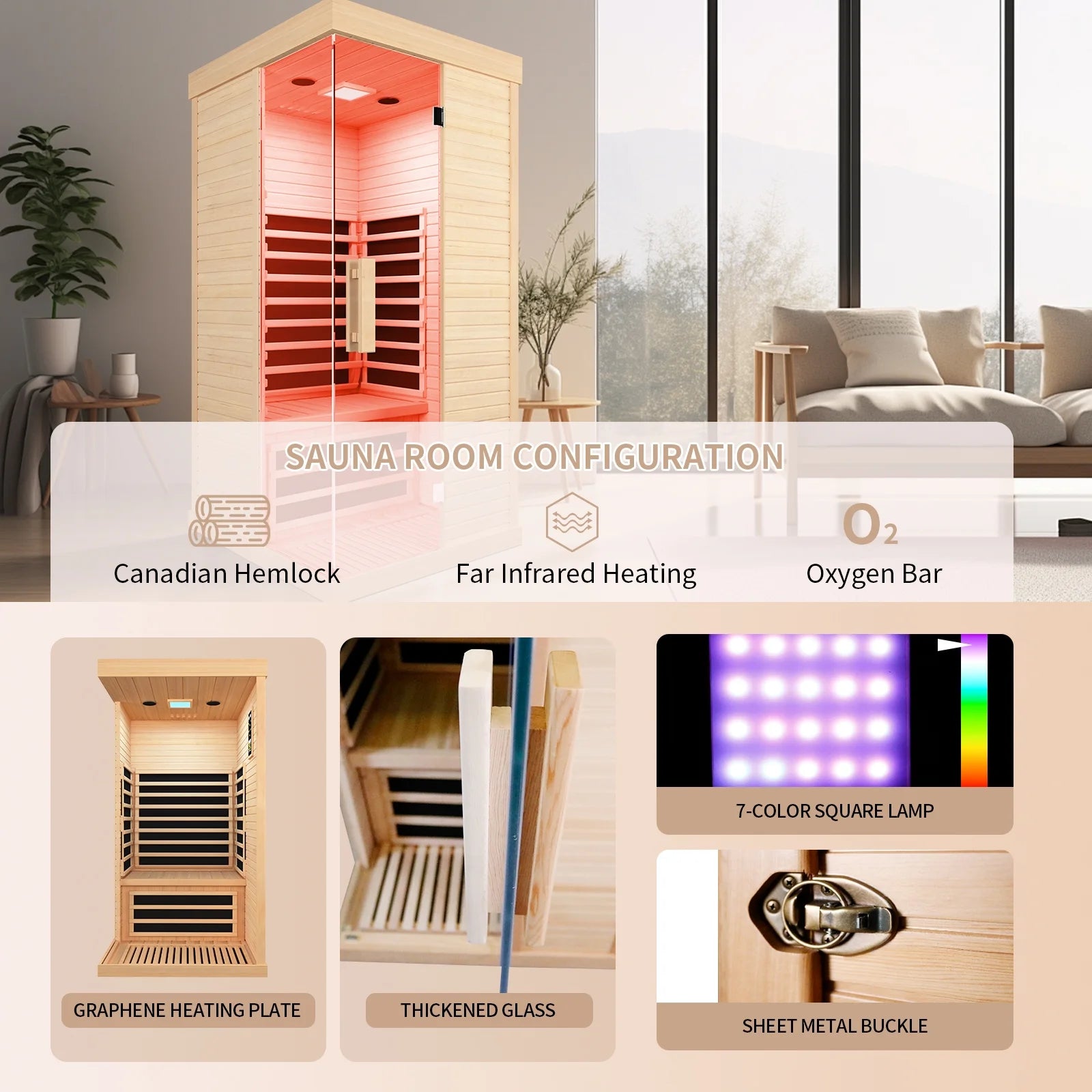 Home Sauna Infrared Saunas Home Spa Room Canadian Hemlock 1400W Low-Emf Dry Saunas Spa with 7 Chromotherapy for Indoor 1 Person